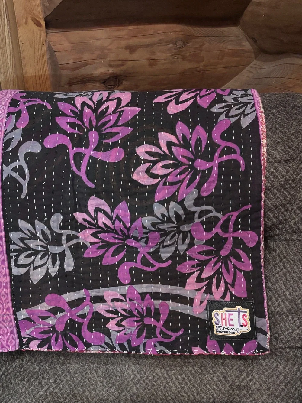 Black & Purple Floral Quilted Cotton KanthaThrow